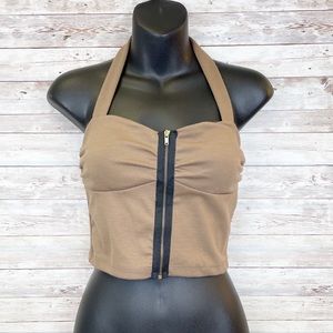 WINDSOR Brown Sweatheart Neckline Zipper Front Halter Crop Trop